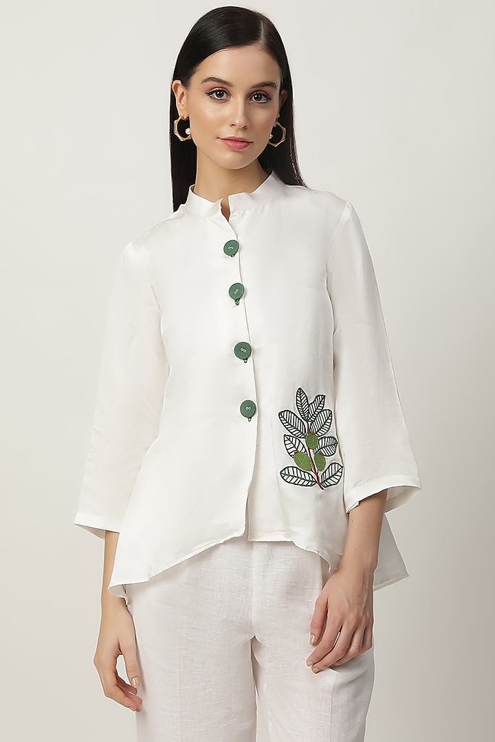 Ivory Satin Linen Embroidered High-Low Shirt by Musal
