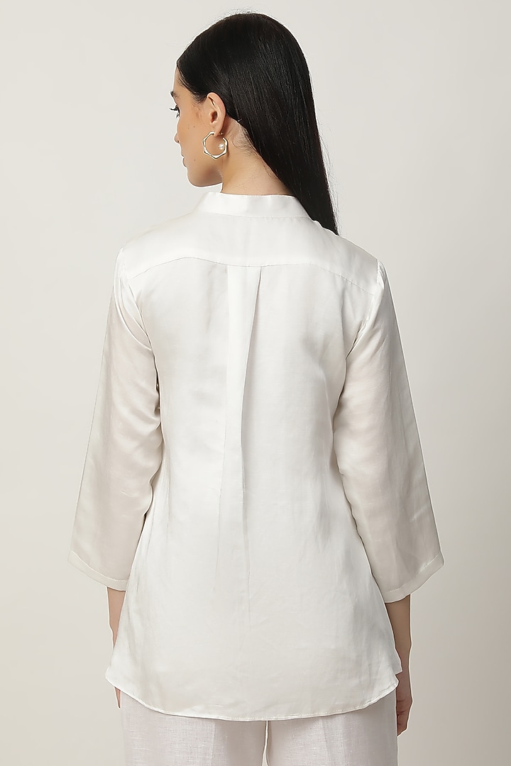 Ivory Satin Linen Embroidered High-Low Shirt by Musal at Pernia's Pop Up Shop