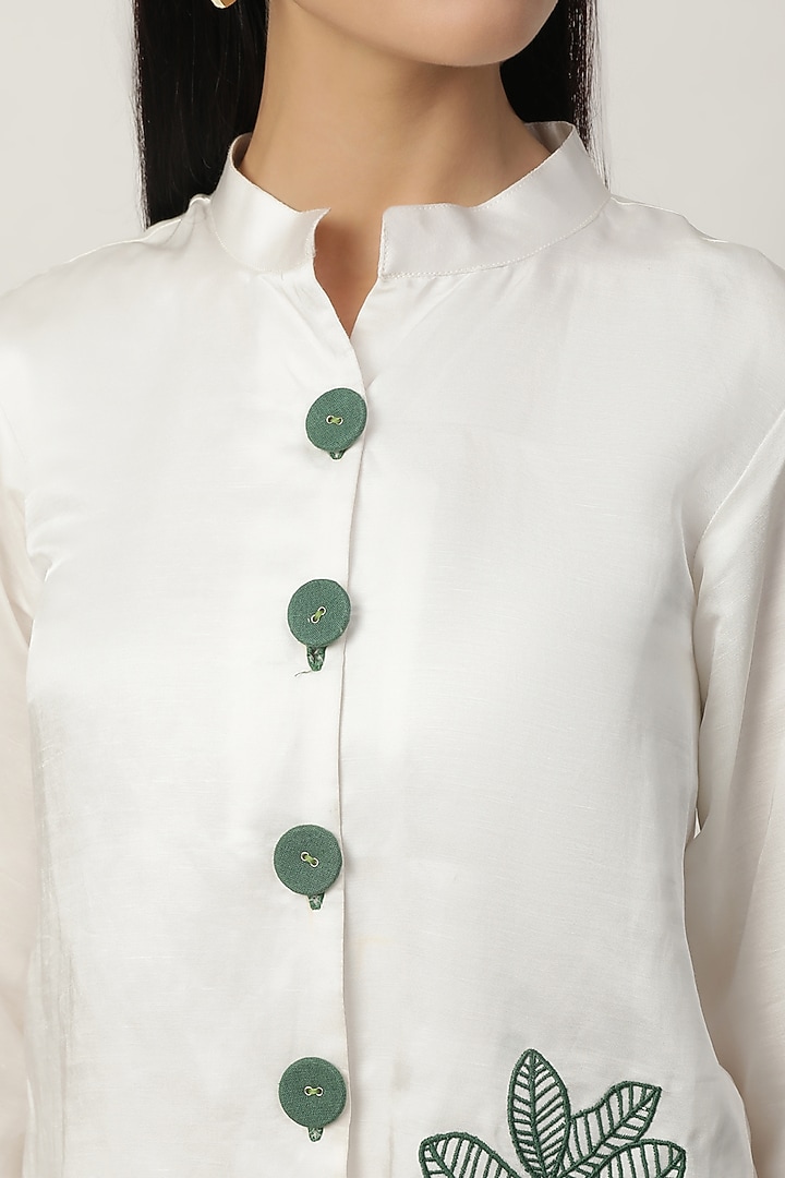 Ivory Satin Linen Embroidered High-Low Shirt by Musal at Pernia's Pop Up Shop
