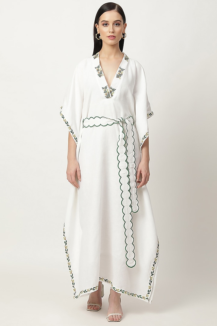 Ivory Cotton Linen Embroidered Kaftan by Musal