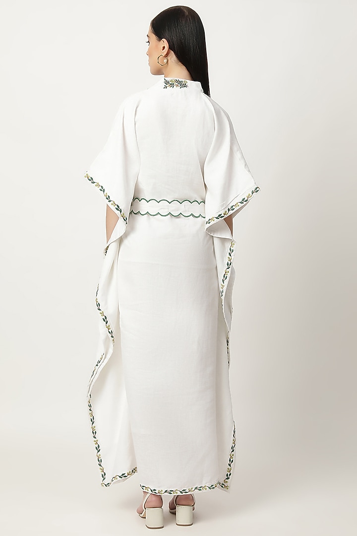 Ivory Cotton Linen Embroidered Kaftan by Musal at Pernia's Pop Up Shop