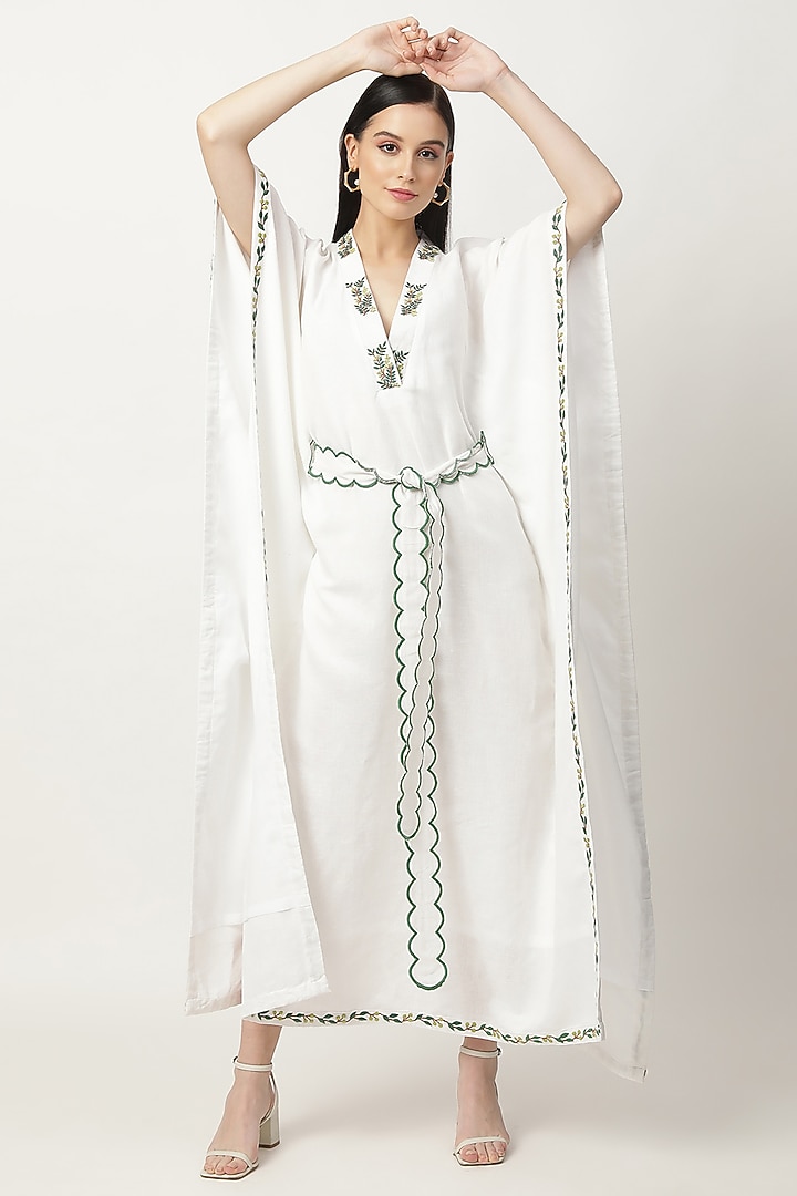 Ivory Cotton Linen Embroidered Kaftan by Musal at Pernia's Pop Up Shop