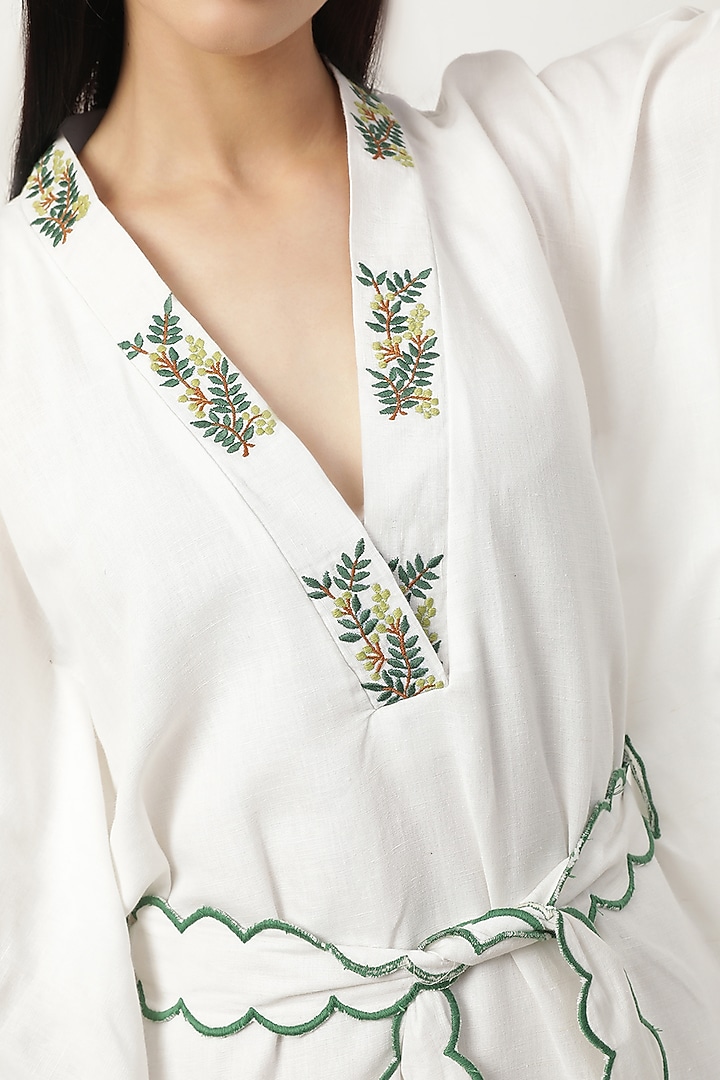 Ivory Cotton Linen Embroidered Kaftan by Musal at Pernia's Pop Up Shop