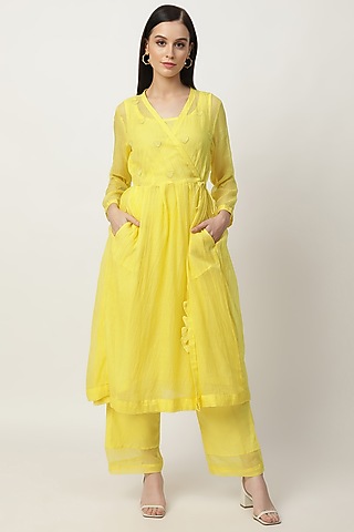 Bright Yellow Kota Doria Embroidered Wrap Kurta Set by Musal