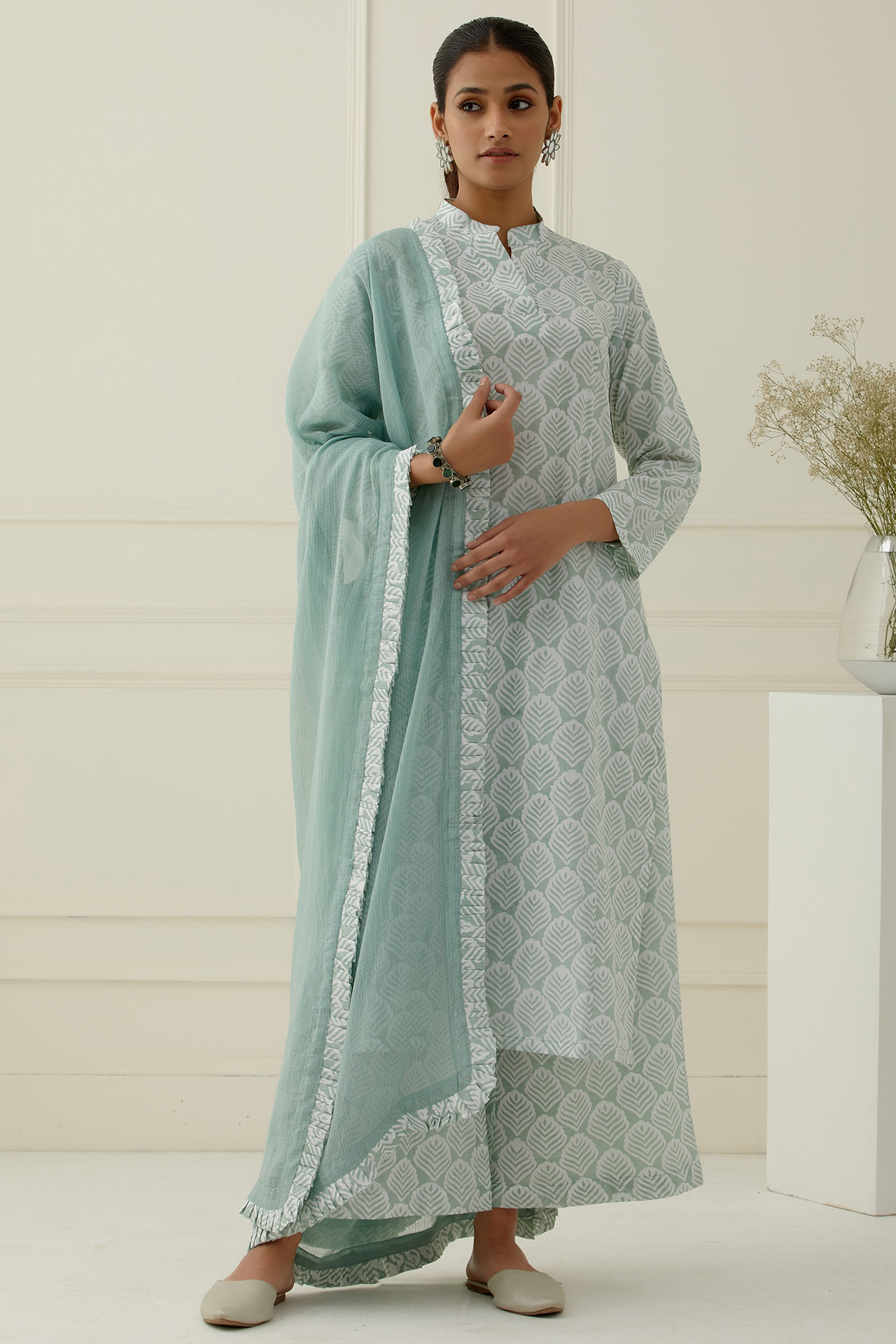 Sea Green & White Block Printed Kurta Set by Musal at Pernia's Pop Up Shop