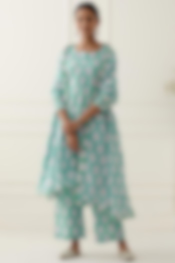 Coral Blue Printed Kurta Set by Musal at Pernia's Pop Up Shop