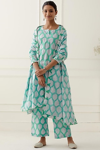 Coral Blue Printed Kurta Set by Musal