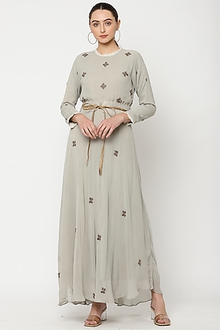 Squirrel Grey Georgette Hand Embroidered Dress by Musal