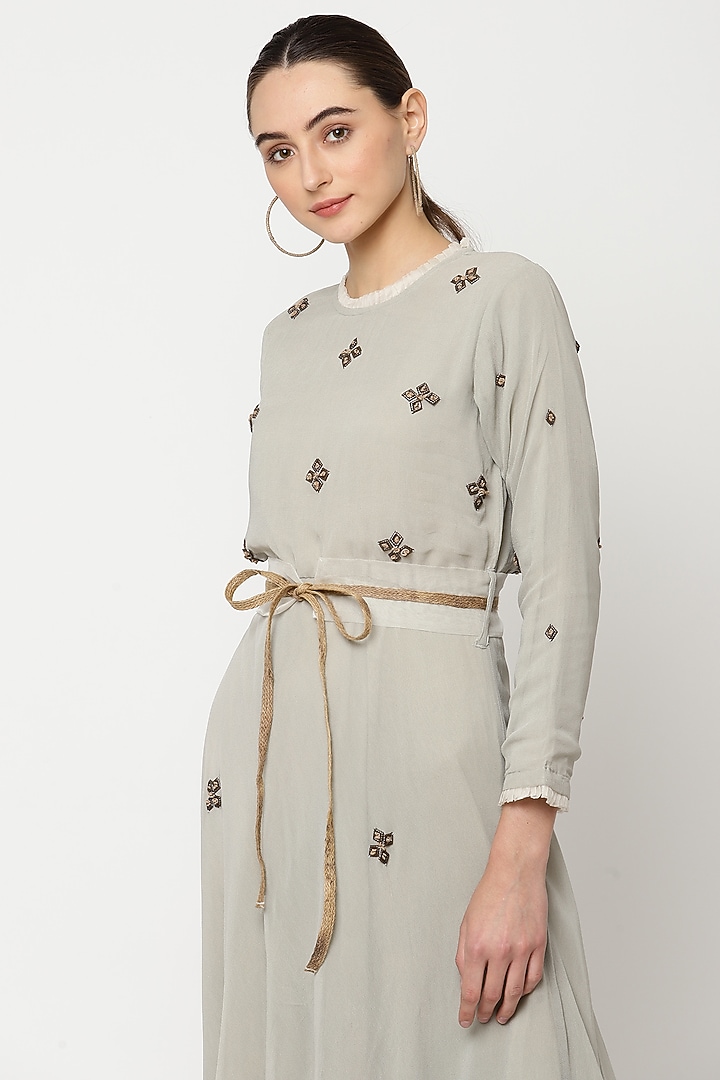 Squirrel Grey Georgette Hand Embroidered Vacation Dress by Musal at Pernia's Pop Up Shop
