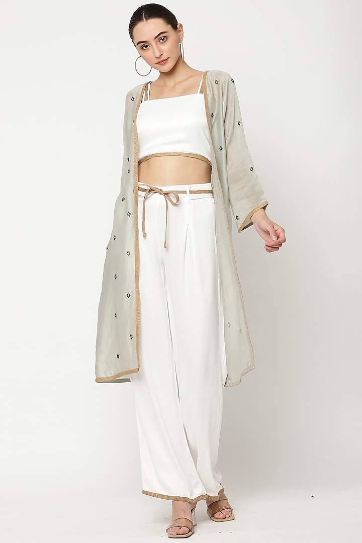 Ivory Viscose Moss Satin Pant Set With Shrug by Musal