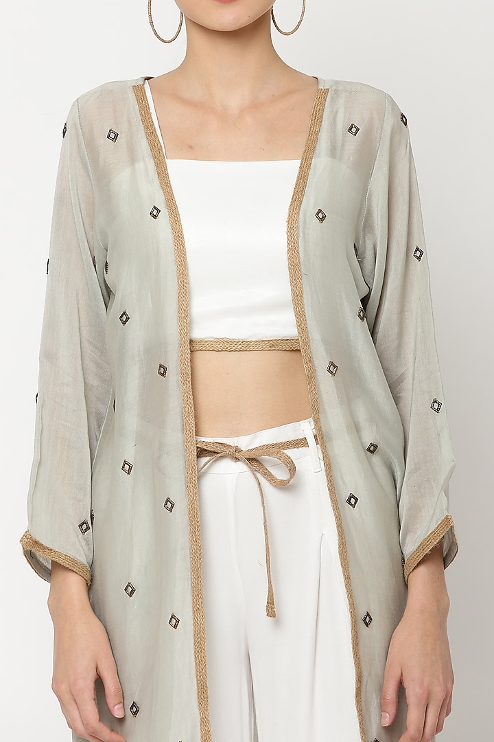 Ivory Viscose Moss Satin Pant Set With Shrug by Musal at Pernia's Pop Up Shop