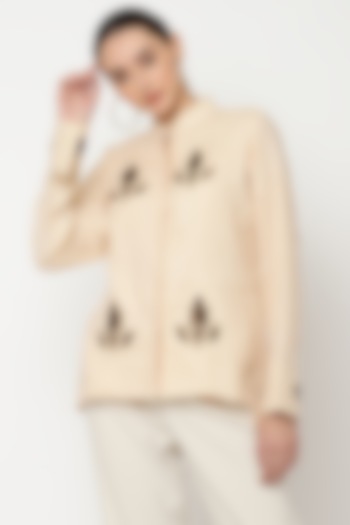 Almond Milk Cotton Linen Hand Embroidered Shirt by Musal at Pernia's Pop Up Shop