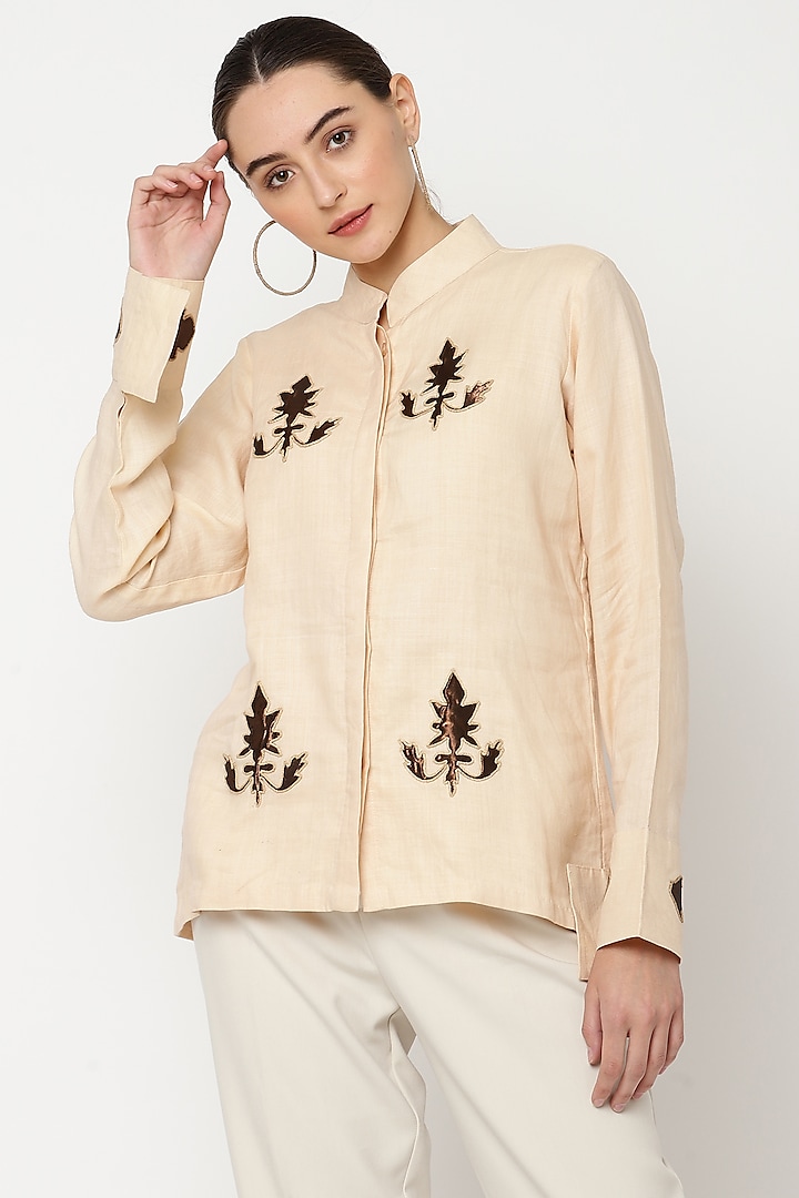Almond Milk Cotton Linen Hand Embroidered Shirt by Musal