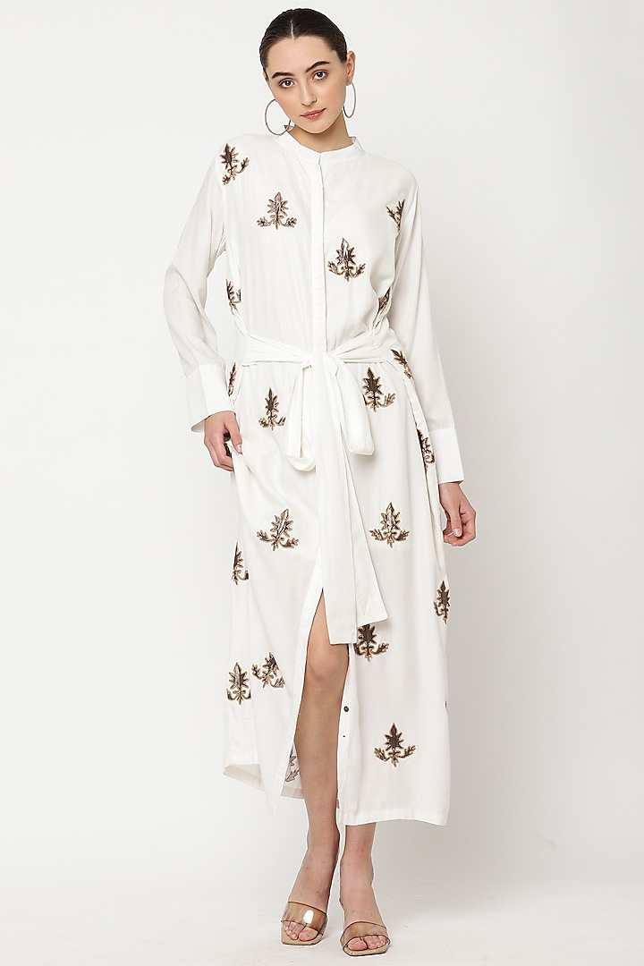 Ivory Lotus Cotton Hand Embroidered Dress by Musal