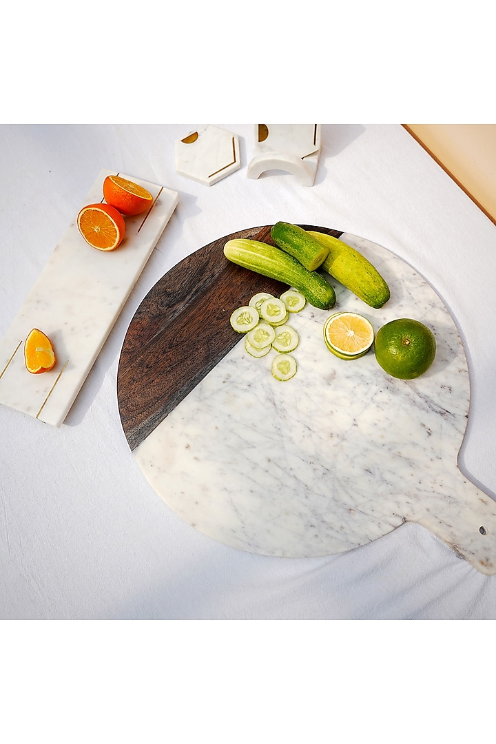 White Marble & Wood Serving Platter by Muun Home