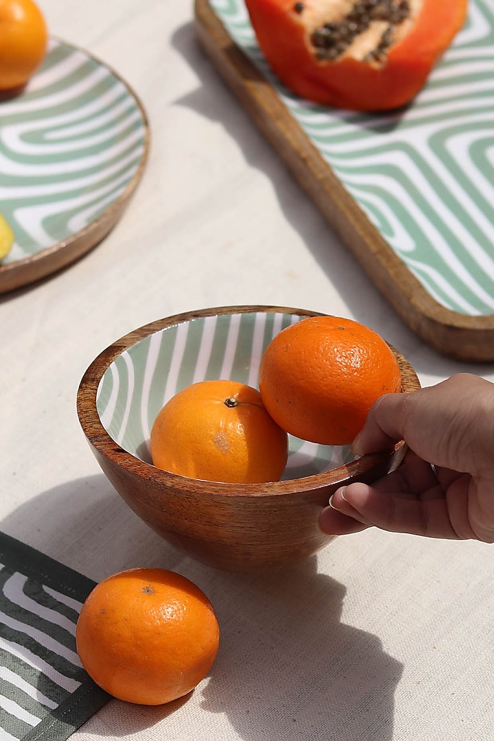 Sage Green Mango Wood Abstract Printed Snack Bowl by Muun Home