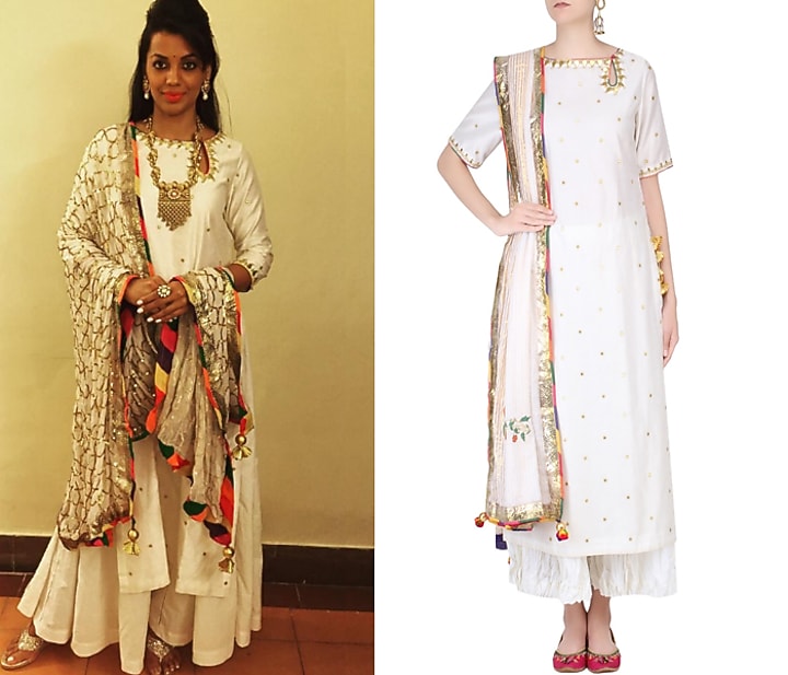 Ecru gota patti work kurta and sharara pants set with embroidered dupatta available only at Pernia's Pop Up Shop.