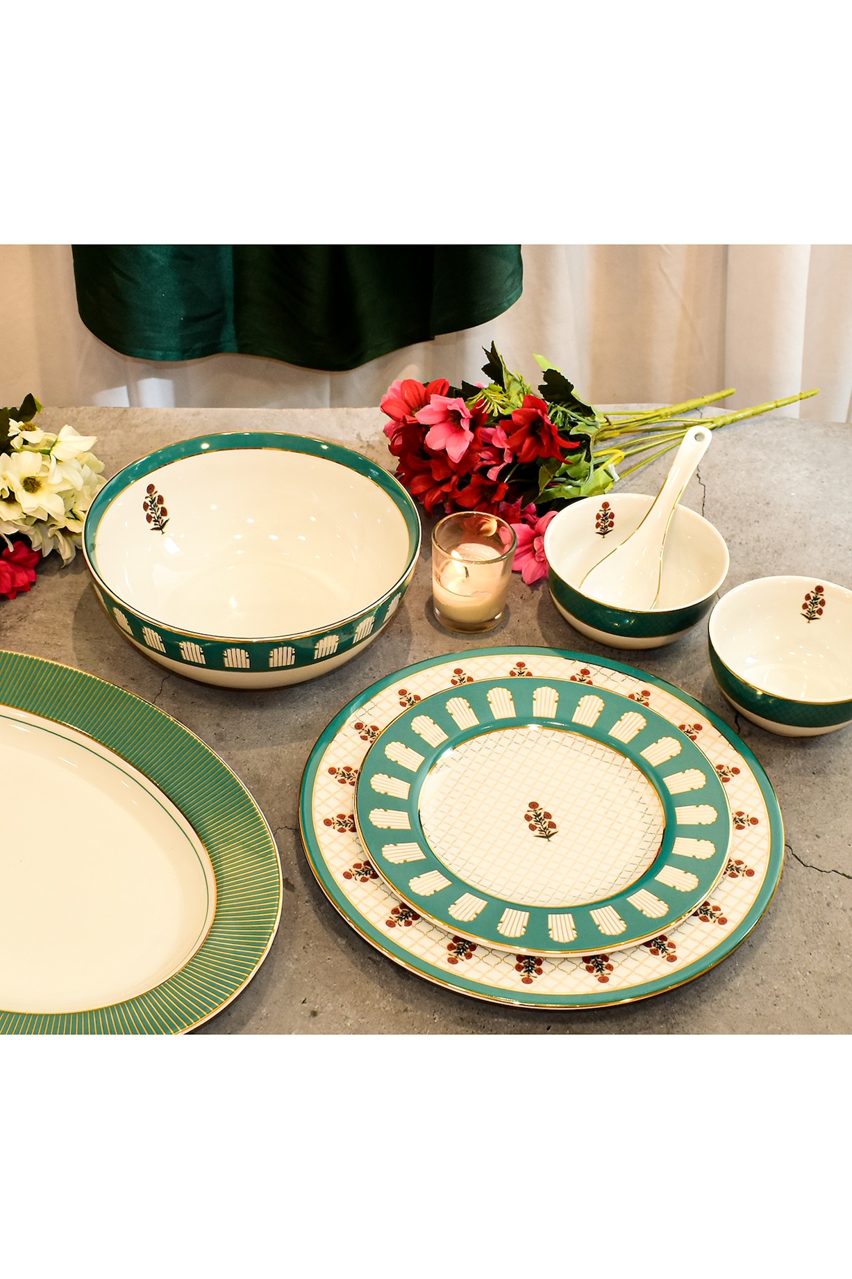 Green Porcelain Mughal Bagh Dinner Set by ICHKAN at Pernia's Pop Up Shop