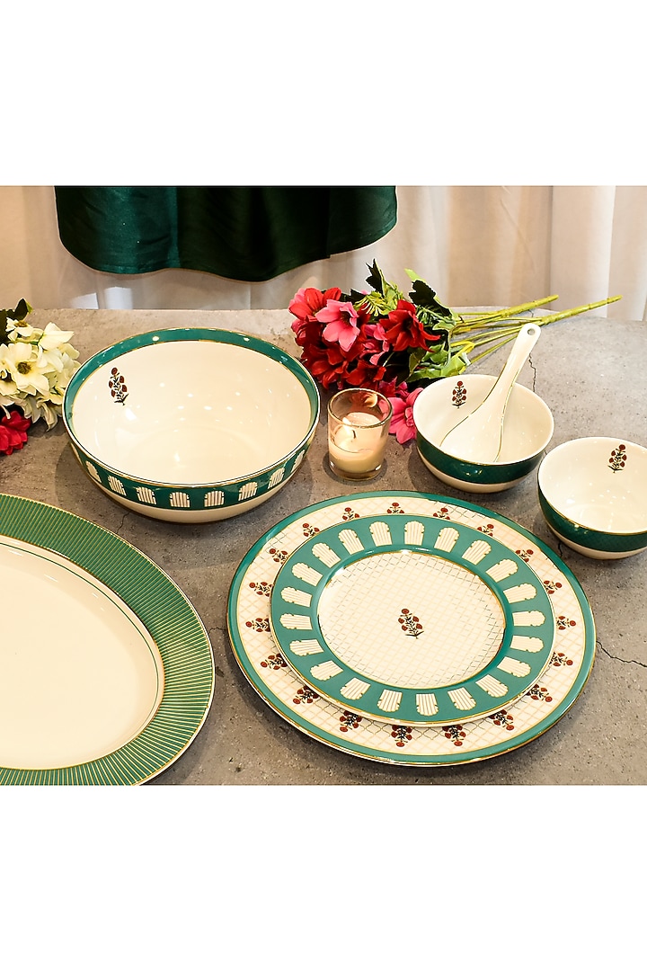 Green Porcelain Mughal Bagh Dinner Set by ICHKAN at Pernia's Pop Up Shop
