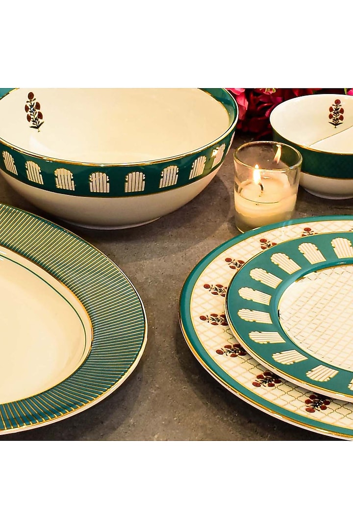 Green Porcelain Mughal Bagh Dinner Set by ICHKAN at Pernia's Pop Up Shop