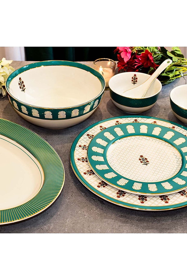 Green Porcelain Mughal Bagh Dinner Set by ICHKAN at Pernia's Pop Up Shop