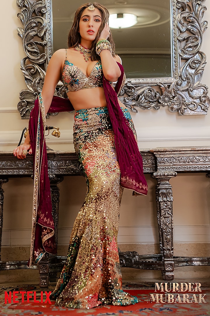 Multi-Colored Georgette Sequins Embellished Fishtail Skirt Set by Aisha Rao