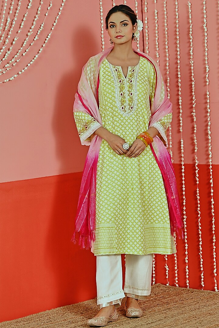 Yellow Cotton Embroidered A-Line Kurta Set by Myaara