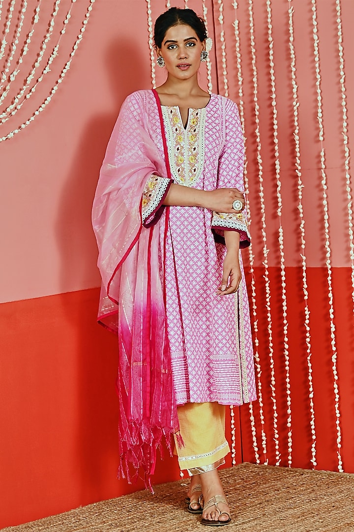 Pink Cotton Embroidered A-Line Kurta Set by Myaara