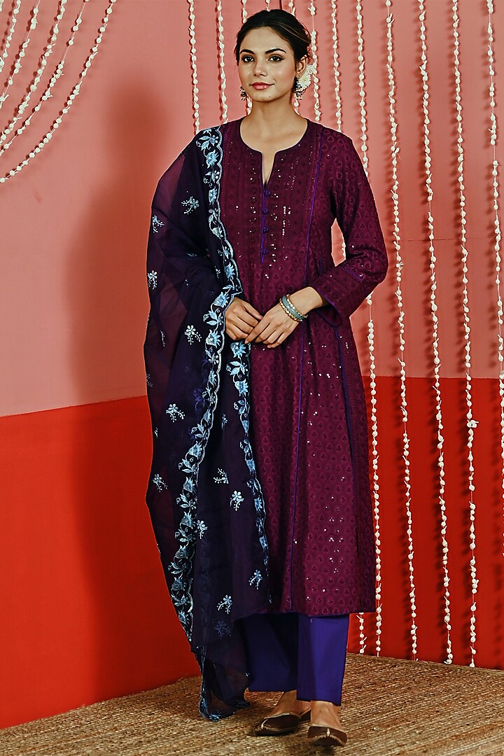 Purple Cotton Embroidered A-Line Kurta Set by Myaara