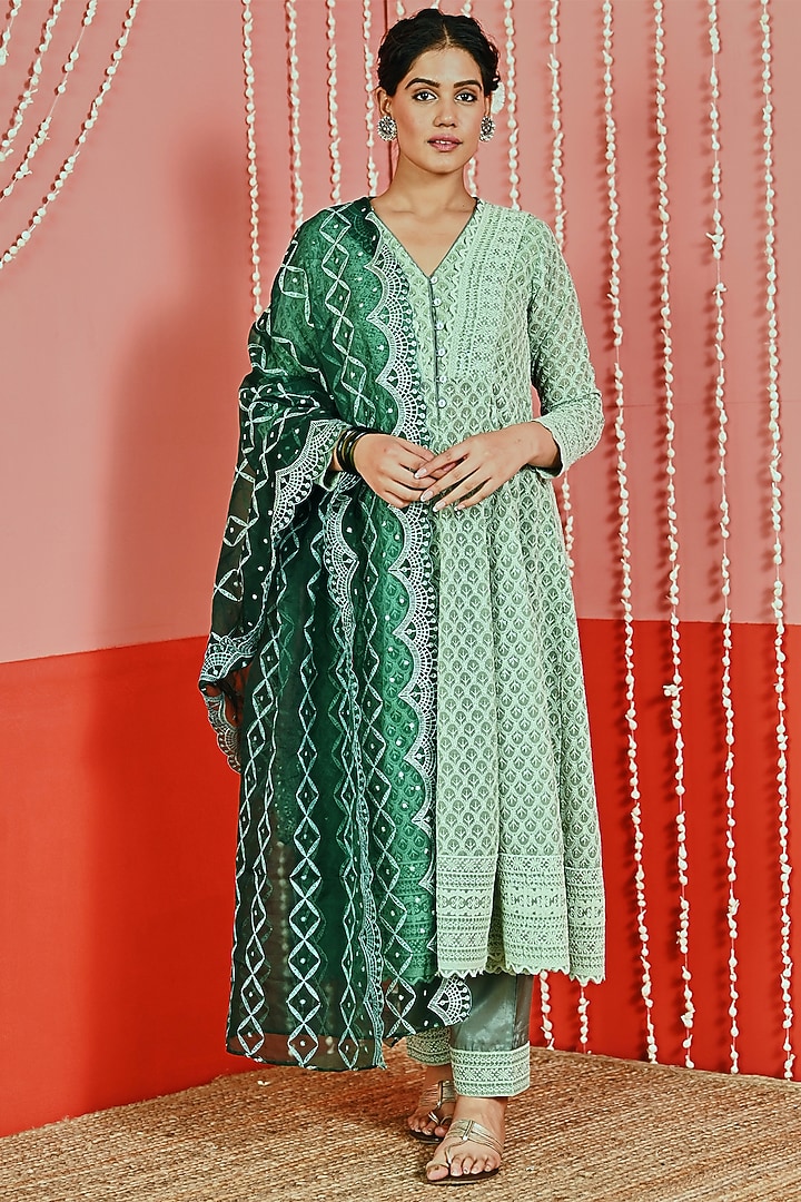 Green Georgette Embroidered Anarkali Set by Myaara at Pernia's Pop Up Shop