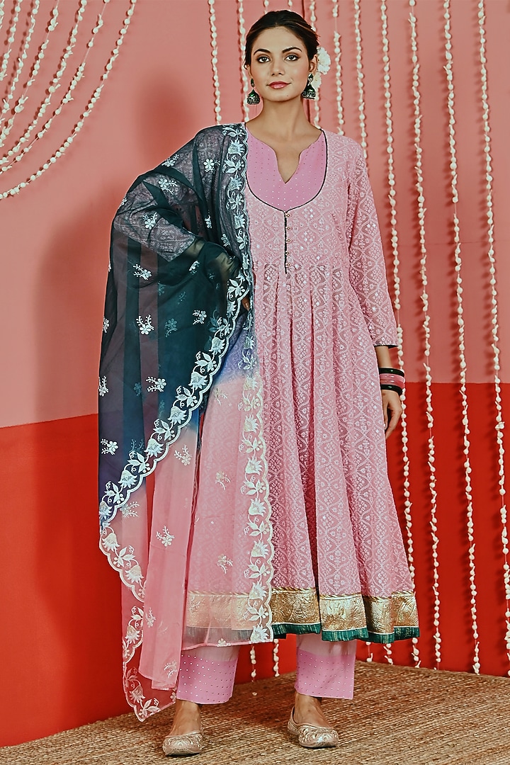 Soft Pink Georgette Embroidered Anarkali Set by Myaara at Pernia's Pop Up Shop