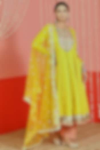 Yellow Chanderi Blend Embroidered Anarkali Set by Myaara at Pernia's Pop Up Shop