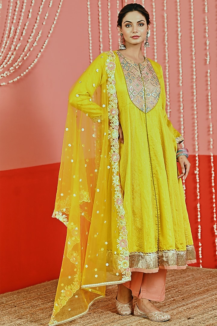 Yellow Chanderi Blend Embroidered Anarkali Set by Myaara at Pernia's Pop Up Shop