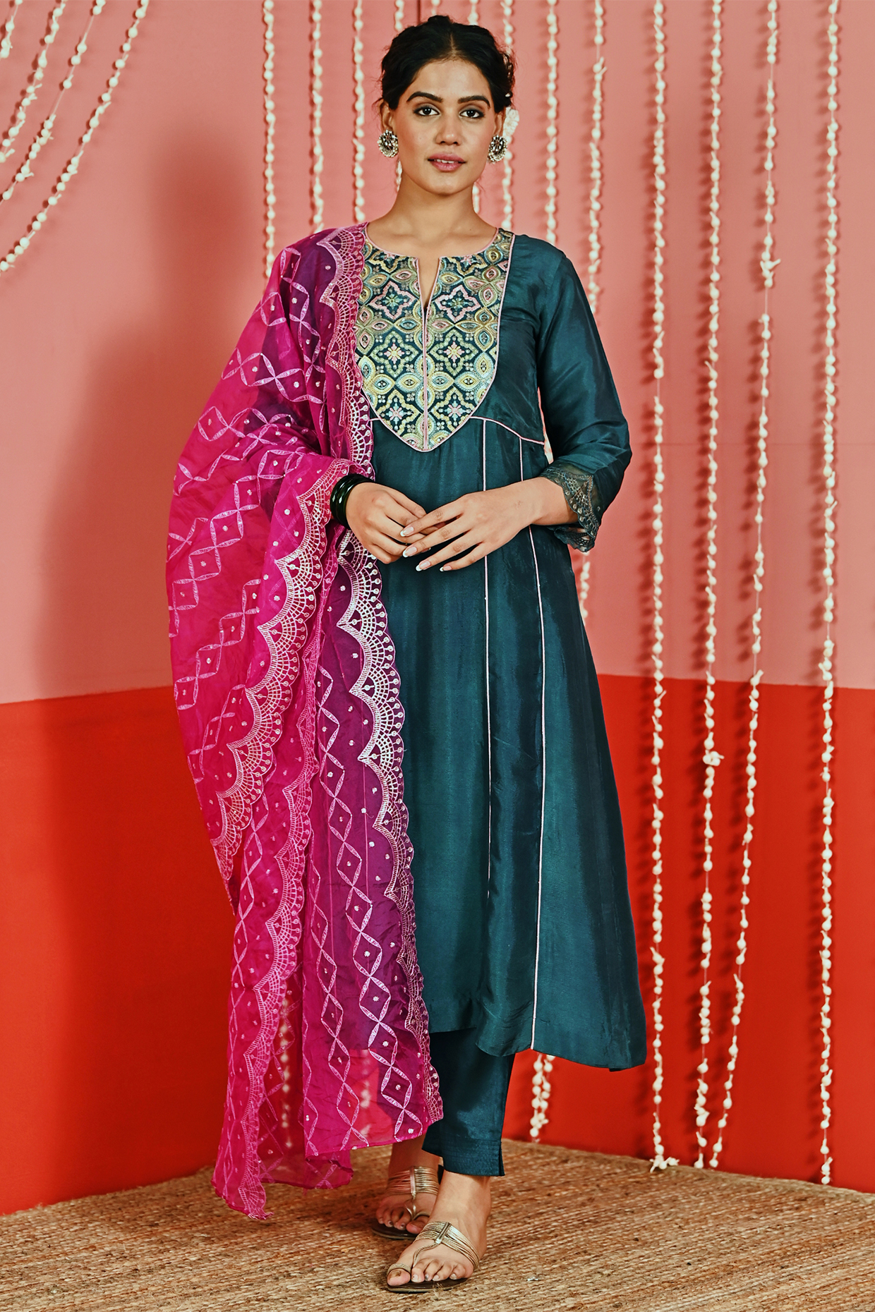 Teal Chanderi Blend Embroidered A-Line Kurta Set by Myaara