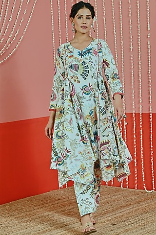 White Cotton Printed Kurta Set by Myaara