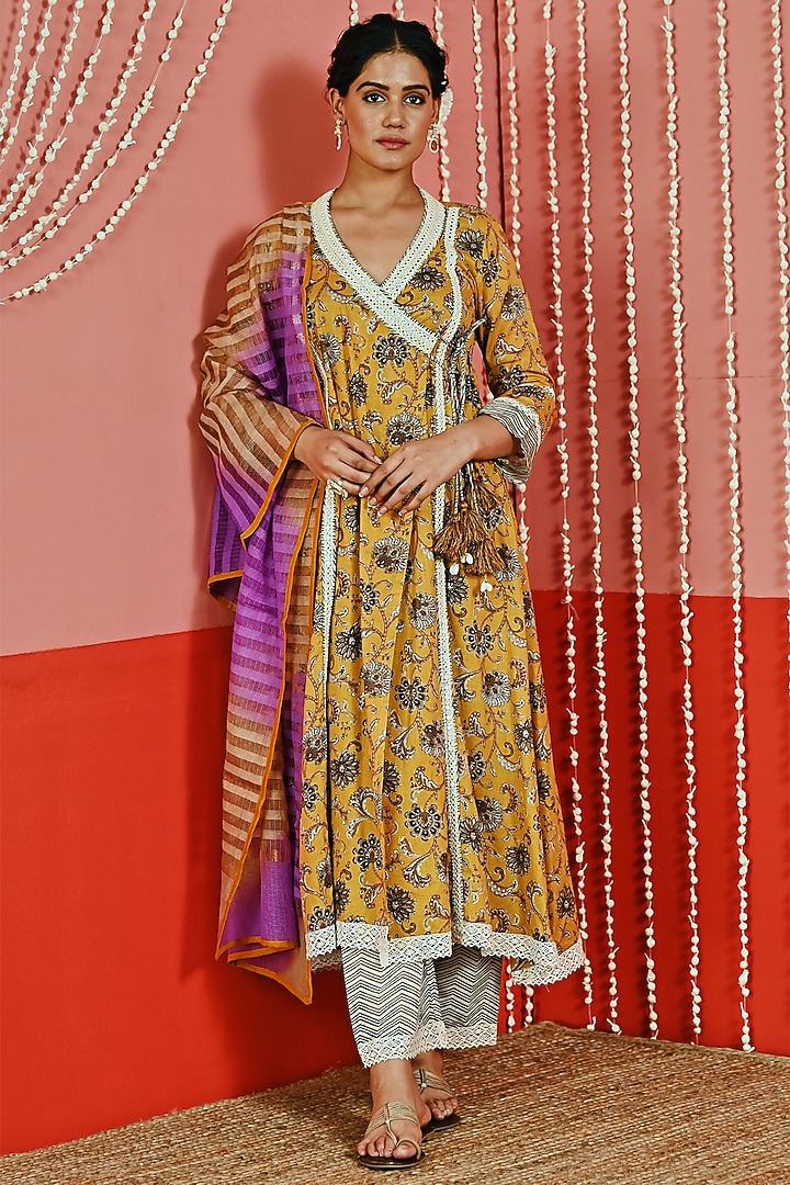 Mustard Cotton Printed Anarkali Set by Myaara at Pernia's Pop Up Shop