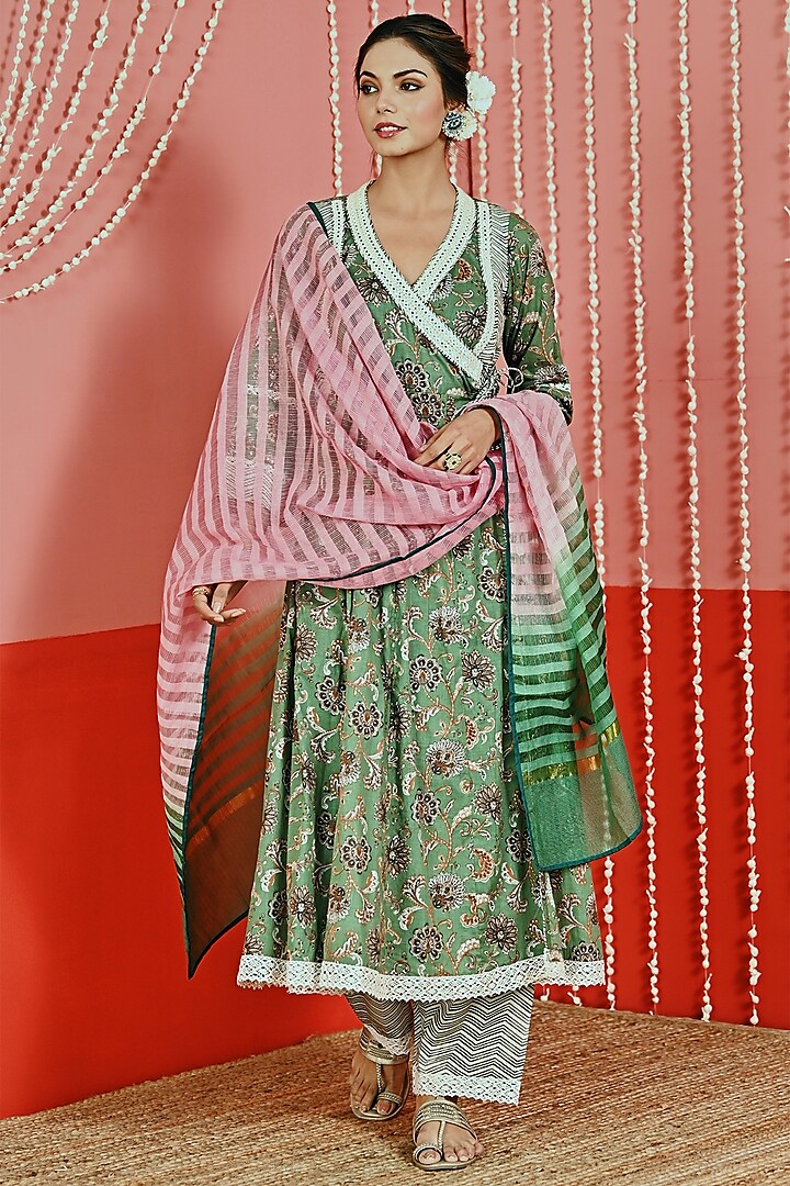 Green Cotton Printed Anarkali Set by Myaara