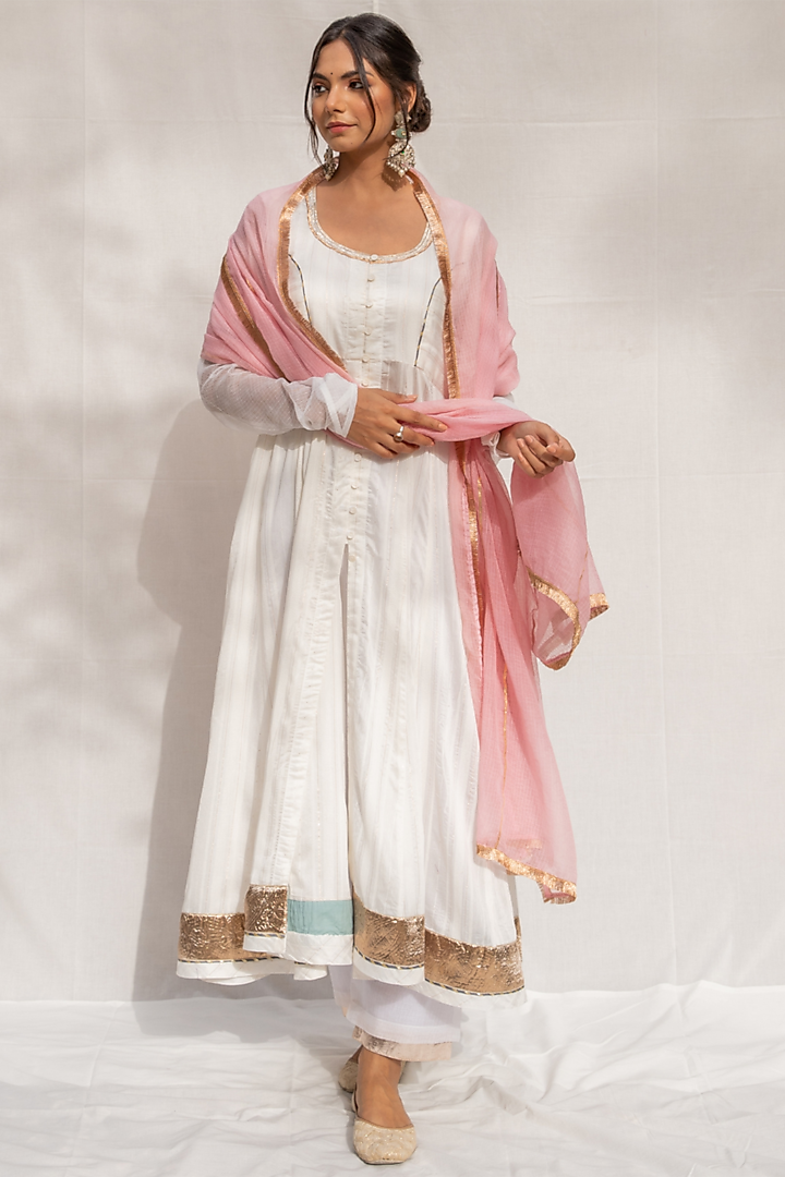White Chanderi Blend Anarkali Set by Myaara
