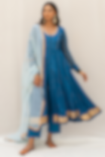Cobalt Blue Chanderi Blend Anarkali Set by Myaara