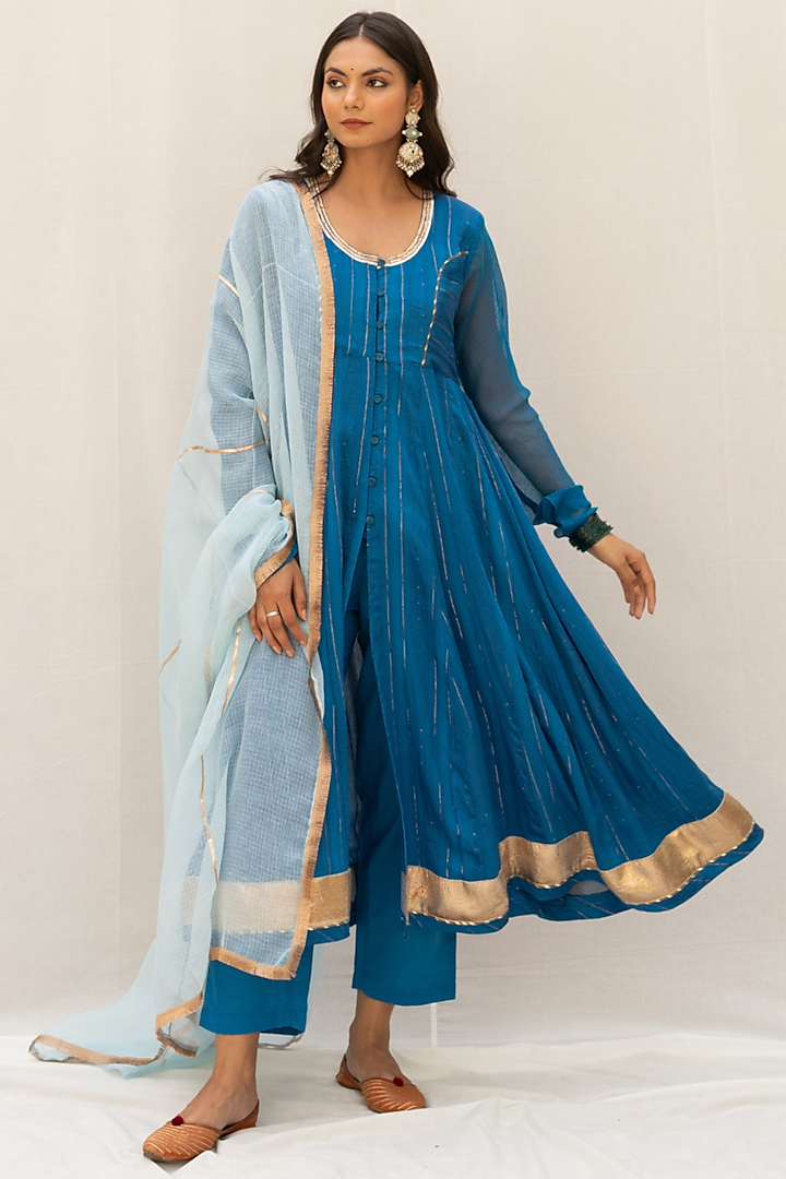 Cobalt Blue Chanderi Blend Anarkali Set by Myaara