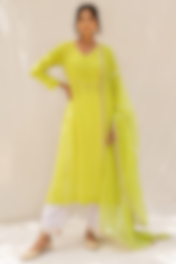 Lime Chanderi Blend A-Line Panelled Kurta Set by Myaara