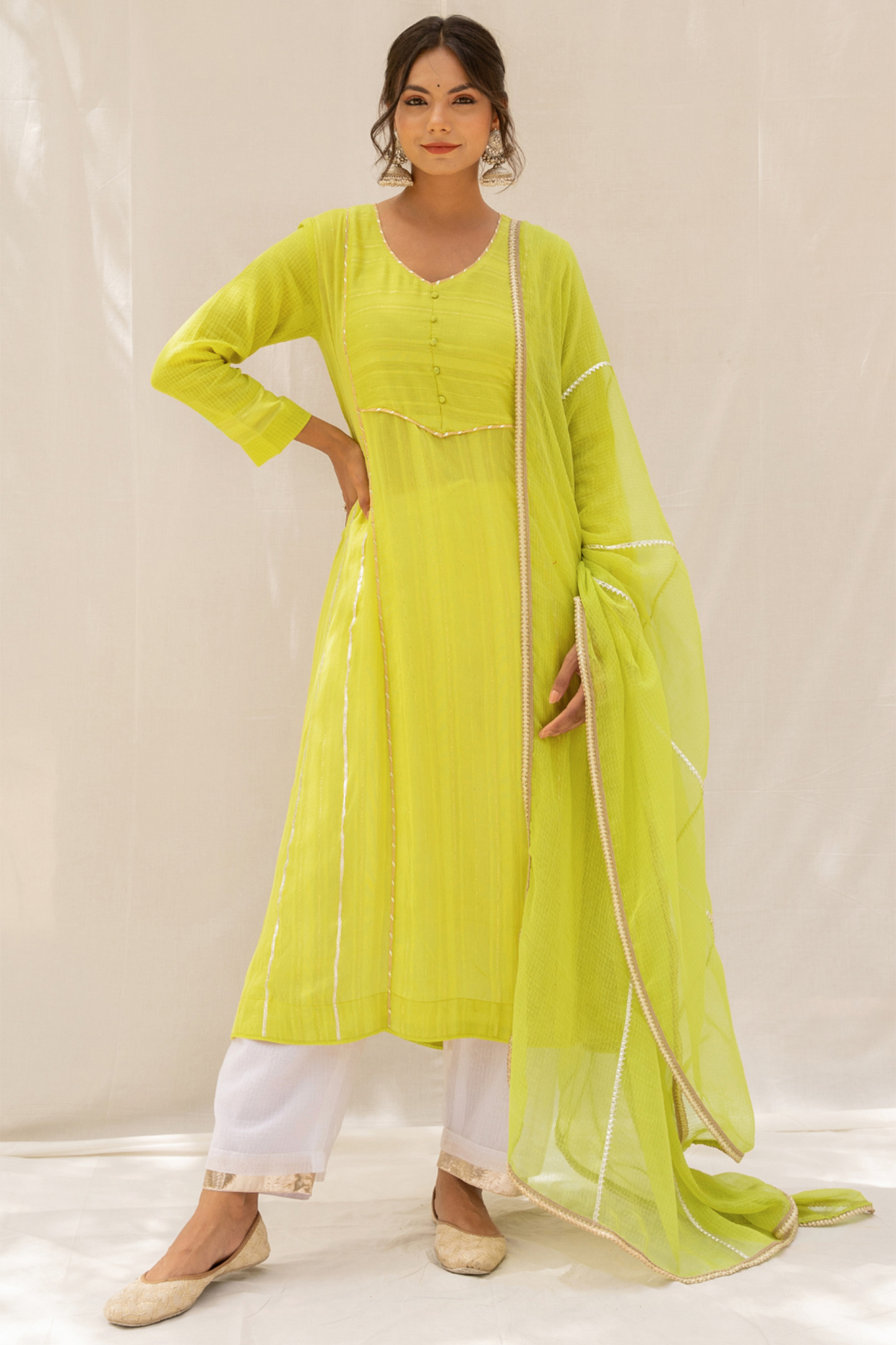 Lime Chanderi Blend A-Line Panelled Kurta Set by Myaara at Pernia's Pop Up Shop
