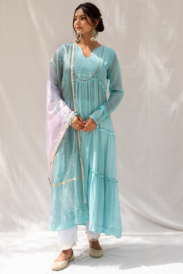 Aqua Chanderi Blend Anarkali Set by Myaara