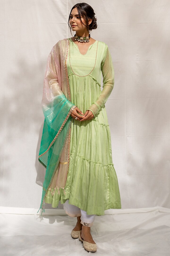 Pale Green Chanderi Blend Anarkali Set by Myaara