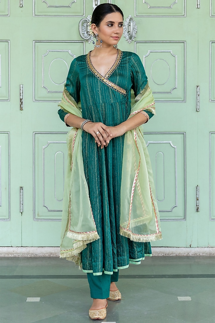 Emerald Green Embroidered Anarkali Set by Myaara