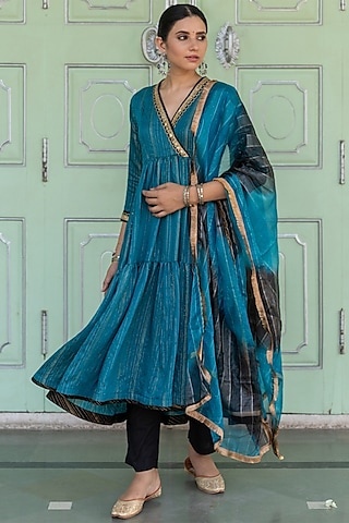 Teal Embroidered Anarkali Set by Myaara