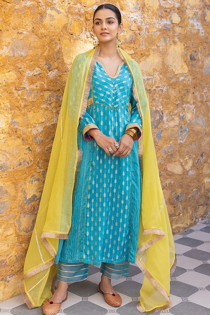 Turquoise Silk Blend Zari Embroidered A-Line Kurta Set by Myaara at Pernia's Pop Up Shop