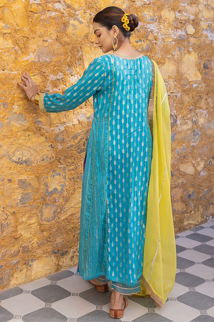Turquoise Silk Blend Zari Embroidered A-Line Kurta Set by Myaara at Pernia's Pop Up Shop
