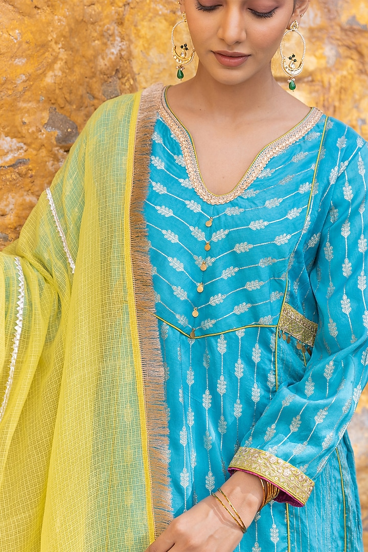 Turquoise Silk Blend Zari Embroidered A-Line Kurta Set by Myaara at Pernia's Pop Up Shop