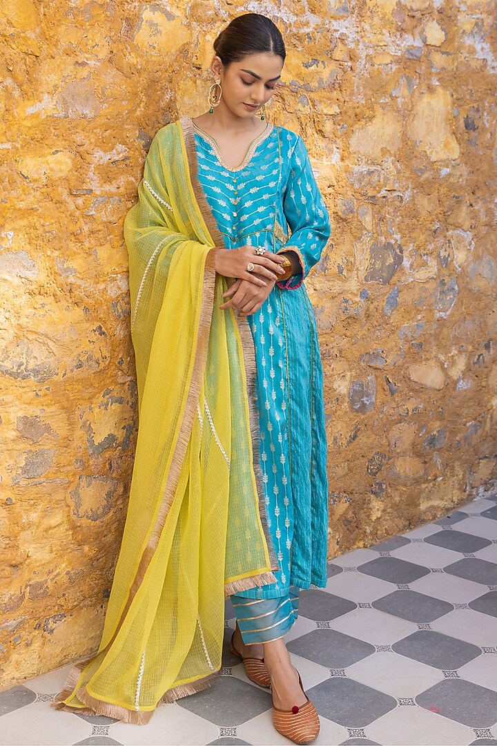 Turquoise Silk Blend Zari Embroidered A-Line Kurta Set by Myaara at Pernia's Pop Up Shop